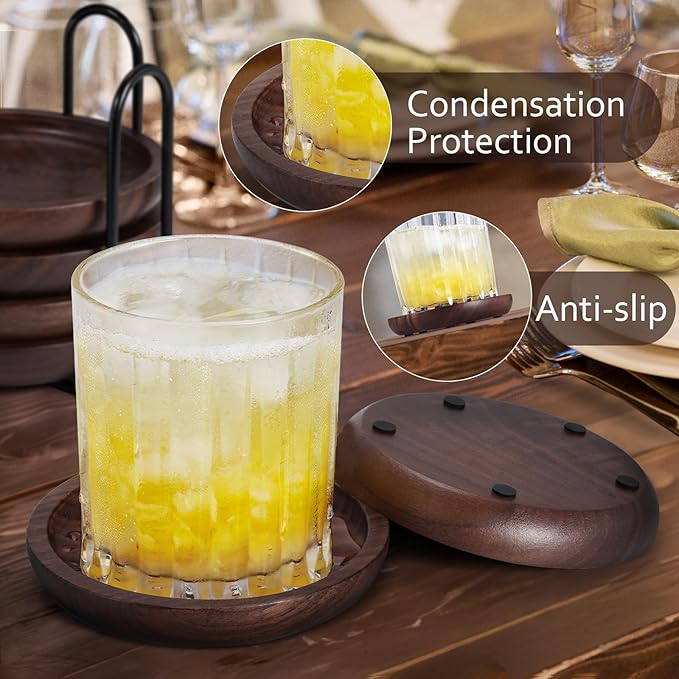 Wood Coasters Set of 4 with Holder, 4 Inch 100% Natural Walnut Wooden Drink - Image 2