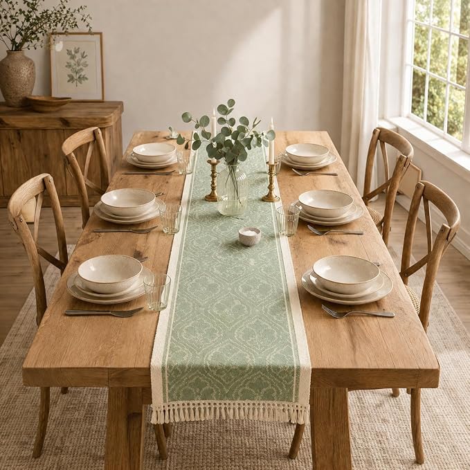 14x138 Botanical Table Runner Waterproof Floral Vine Boho Tassels | Planning a by UWWGKK