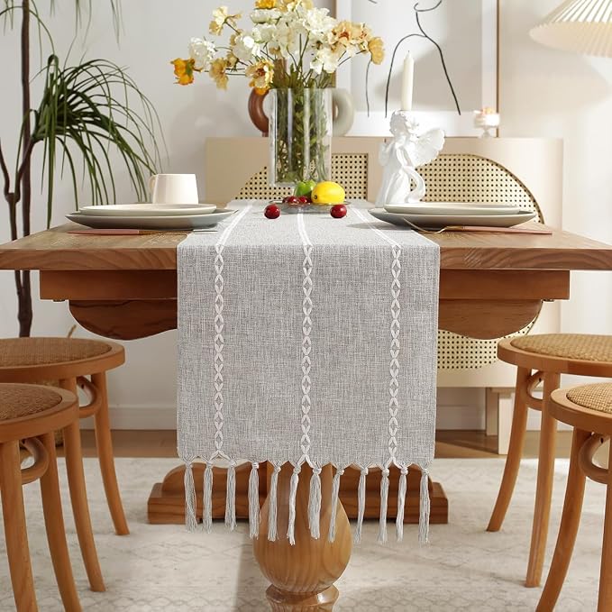 Wracra Rustic Linen Table Runner, Light Grey Table Runners 72 inches Long | by Wracra