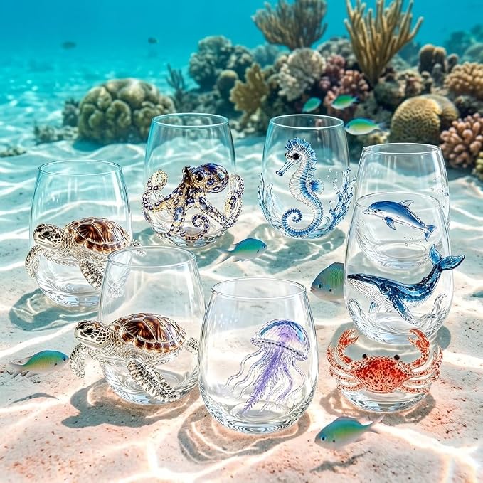 Artisanal Blue Ringed Octopus Glassware, 3D Ocean Glass Wine Glass，Shark | - Image 7