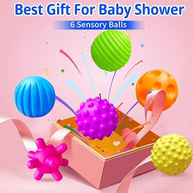 6 Pack Sensory Balls for Toddlers, Sensory Baby Toys, Infant Squeeze Sensory Toys Soft Multi Ball Set Gifts with Bright Color Textured