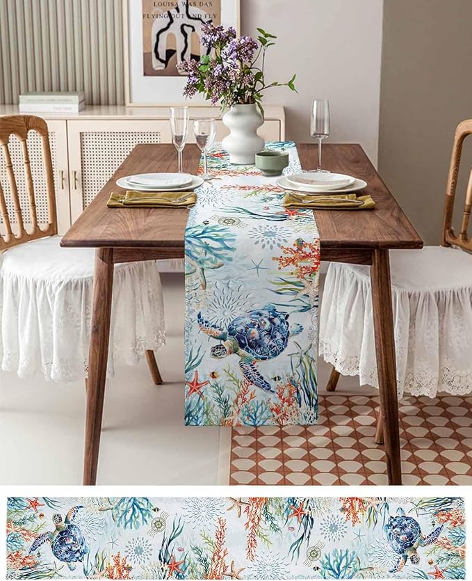 Sea Turtle Coastal Table Runners 36 Inches Long, Summer Beach Coral Table - Image 6