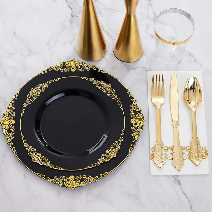 175 Pcs Black Gold Plates for Graduation | Black Party Plates Set for 25 Guests - Image 2