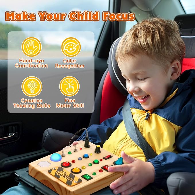 Busy Board Montessori Toys for Toddler, Wooden Sensory Board Switch Toy with Shape Sorter LED Light Up Toys Educational Plane Travel Activity for Girls & Boys