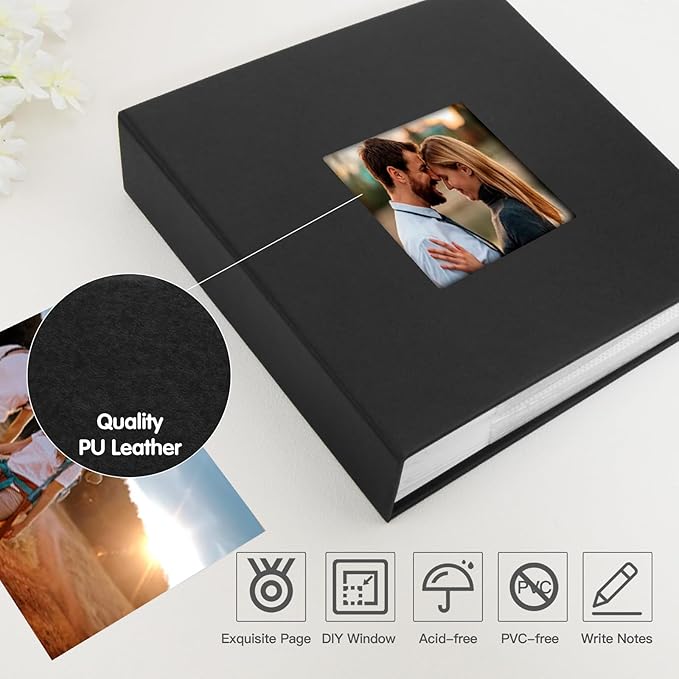 Photo Album 4x6 240 Photos with Writing Space Leather Cover with Front Window Picture Album, 240 Photos 4x6 Photo Album Book for Wedding Kids Travel Family Baby Pictures (Black)