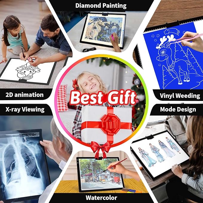 Rechargeable A3 Light Pad With Padded Case For Diamond Painting,Tracing Light Box with Stand/Clip/Magnet,3 Colors and 6 Levels of Brightness light board for Artists,Drawing,Sketching,Animation,Tracing