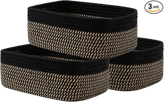 KALLAX Small Woven Basket, 12 x 8 x 4.5 Inches, Storage Basket for Organizing, Cute Small Rope Shelf Closet Cube Storage Bins Baskets for Shelves, Dog Toy Gift Baskets Empty, 3 Pack Black & Brown