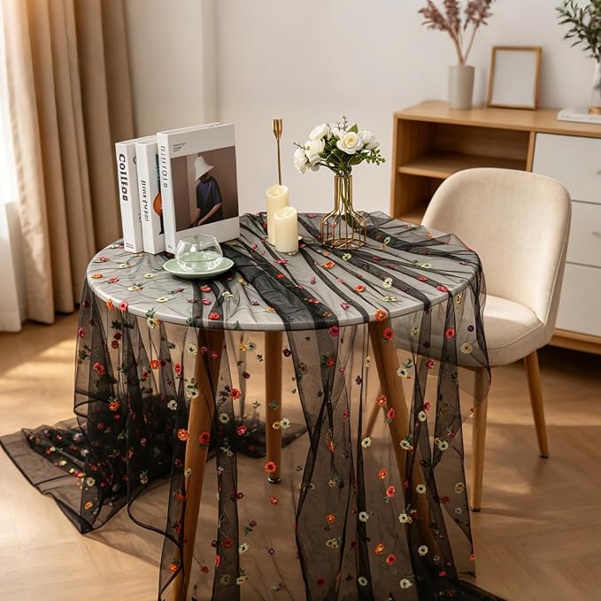 BINBE 1pcs Black Daisy Spring Table Runner Embroidery Gauze 10FT Florals - Image 5