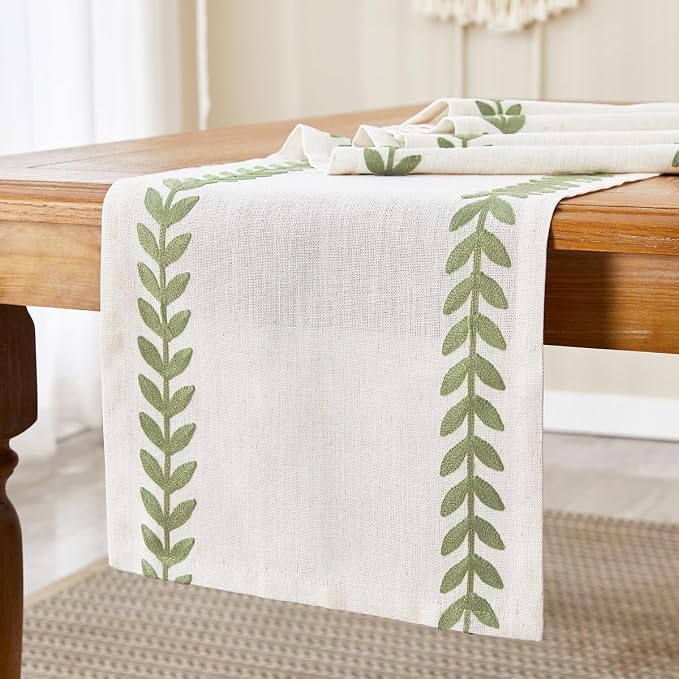 Embroidered Table Runner, Light Green Table Runners 36 Inches Long | Linen - Image 5