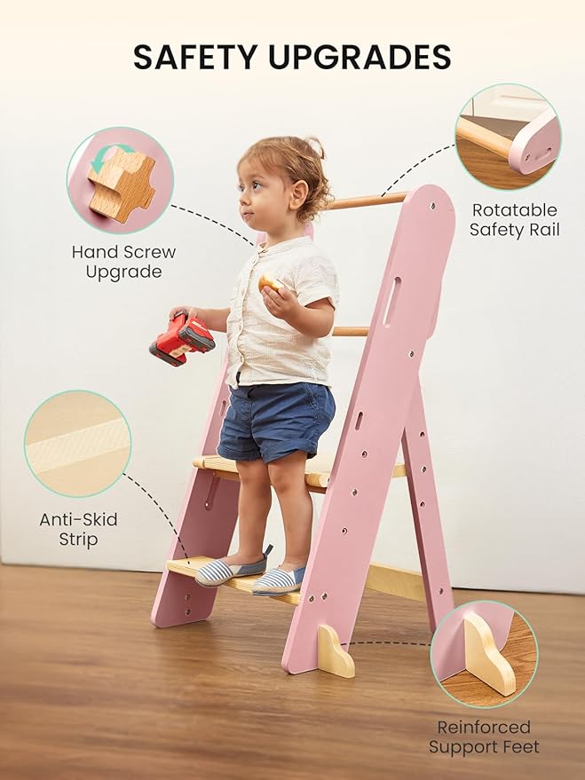 GROWNSY Foldable Step Stool Toddler Tower, Toddler Kitchen Stool Helper, Collapsible Kids Standing Learning Tower with 3 Adjustable Heights and Safety Net for Kitchen Bathroom Sink Counter (Pink)