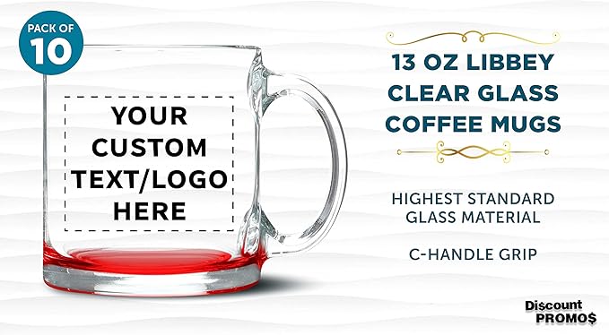 Custom Libbey Clear Glass Coffee Mugs 13 oz. Set of 10, Personalized Bulk Pack - Perfect for Coffee, Tea, Espresso, Hot Cocoa, Other Beverages - Red Bottom