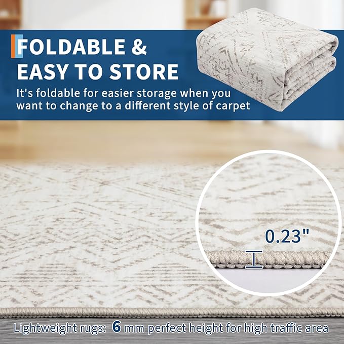 COZYLOOM Runner Rug 2x6 Living Room Washable Rugs Stain Resistant for Bedroom Soft Floor Carpet Non Slip Distressed Geometric Carpet for Dining Room Laundry Room Office, Ivory