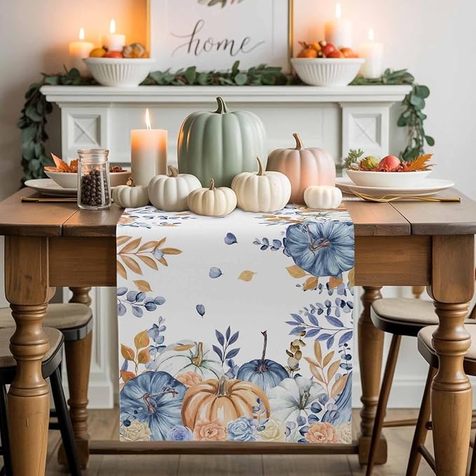 Blue Pumpkin Fall Table Runner 90 Inches Long, Thanksgiving Floral Eucalyptus - Image 2