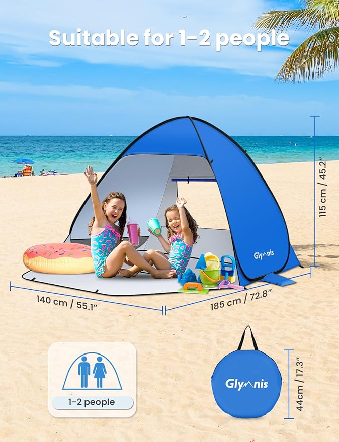 Glymnis Pop Up Beach Tent Beach Shade Tent for 1-4 Persons Sun Shelter UPF 50+ Enclose Zipper Door Portable Easy Up Beach Tent