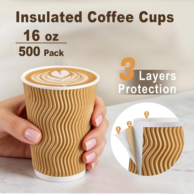 Clawsoff 500 Pack 16oz Insulated Disposable Paper Coffee Cups Champagne | Thick - Image 3