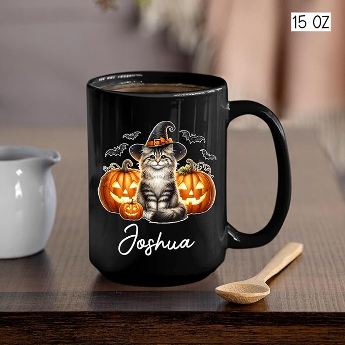Customized Siberian Wearing Witch Hat Coffee Cup with Name, Personalized Siberian Cat Pumpkins Ceramic Mugs 11oz 15oz, Halloween Cat Cup Gift for Dad Mom Kid, Pet Owner Halloween Black Mug