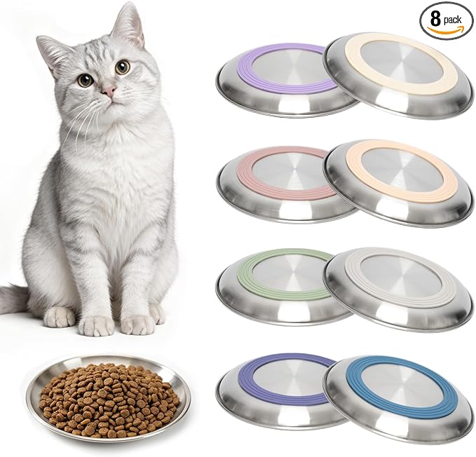 8 Pack Stainless Steel Cat Food Bowls, Cat Dishes Shallow Whisker-Friendly by FlaggeZG