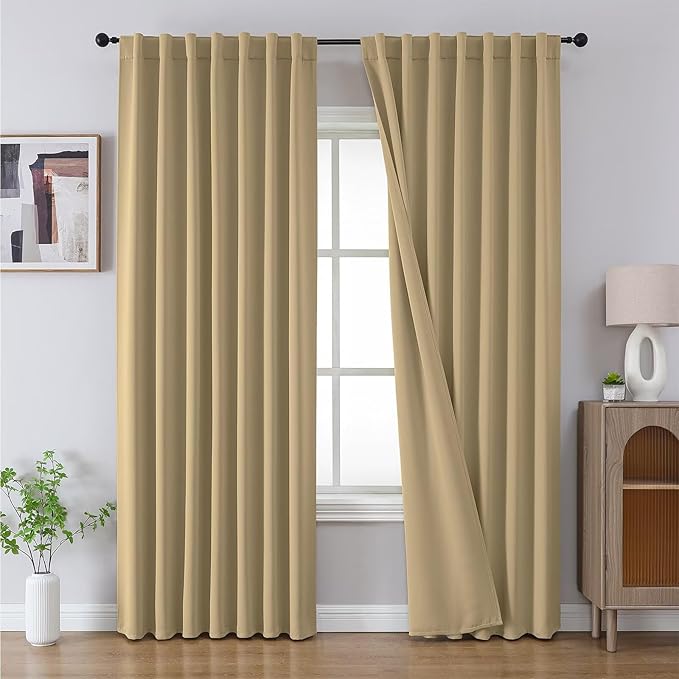 Joydeco Blackout Curtains 108 Inches Long, Thermal Insulated Black Out Curtains 2 Panels Set, Room Darkening Drapes for Living Room Window Rod Pocket Back Tab (W52 x L108 Inch, Beige)