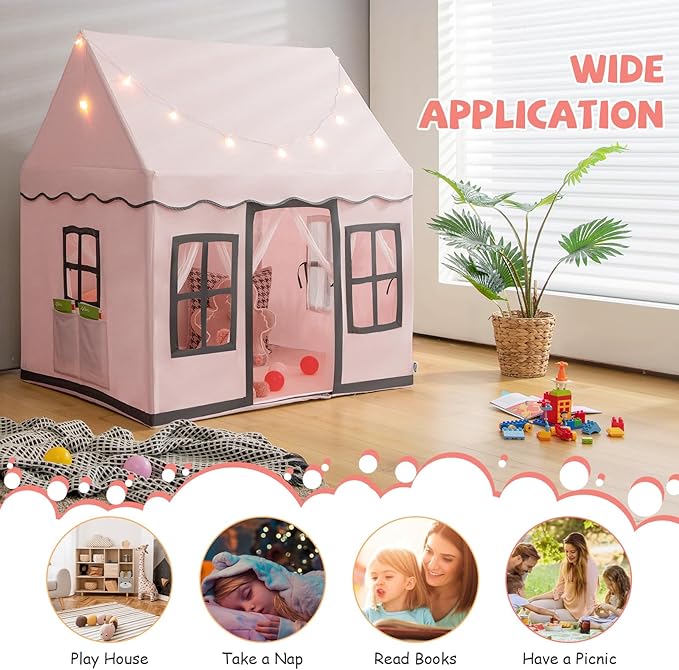 INFANS Kids Play Tent with Washable Mat Star Light Windows, Anti-Trip Large Playhouse Toys for Children Boys Girls, Indoor Outdoor Princess Tents Castle for Toddlers (Pink)