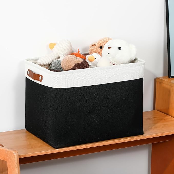 DULLEMELO Large Storage Baskets Fabric Storage Bins, Canvas Storage Basket for Shelf Toys, Decorative Large Storage Bins with Handle for Baby Gift(White&Black)