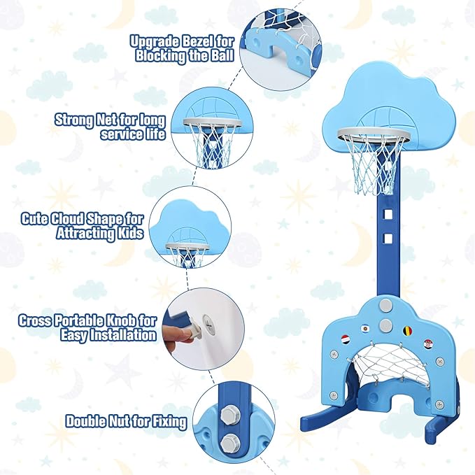 Costzon Kids Basketball Hoop, Toddler Sports Activity Center w/ 5 Adjustable Height Levels, Basketball Soccer Golf Game Set, Indoor Outdoor Basketball Hoop Set Gift for Baby Infant