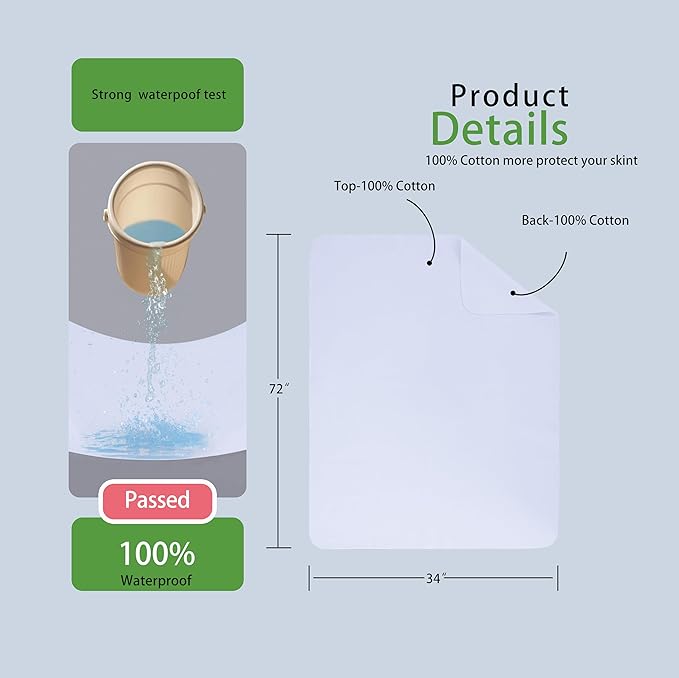 Washable Underpads, 34" x 72" (Pack of 4) Extra Heavy Absorbency ,100% Waterproof Mattress Protector,Flannel Cotton Underpads for Kids, Adults,Pets,Bed, Couch, Sofa, Floor,Home