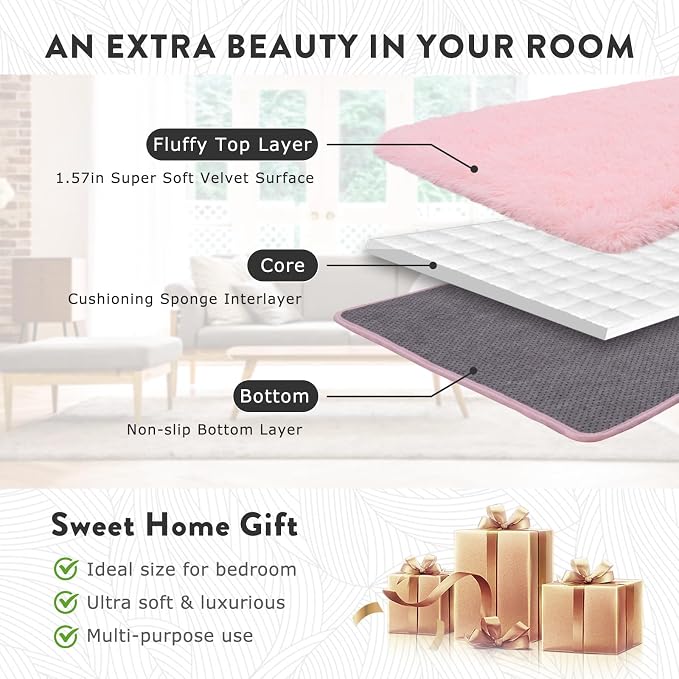 Pink Rugs for Bedroom Girls, 4x6 Fluffy Area Rug for Living Room, Soft Shag - Image 6