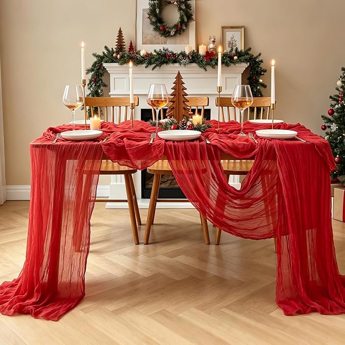 6Pcs Red Table Runner, 10FT Rustic Gauze Red Table Runner 35*120inch Boho Table - Image 8