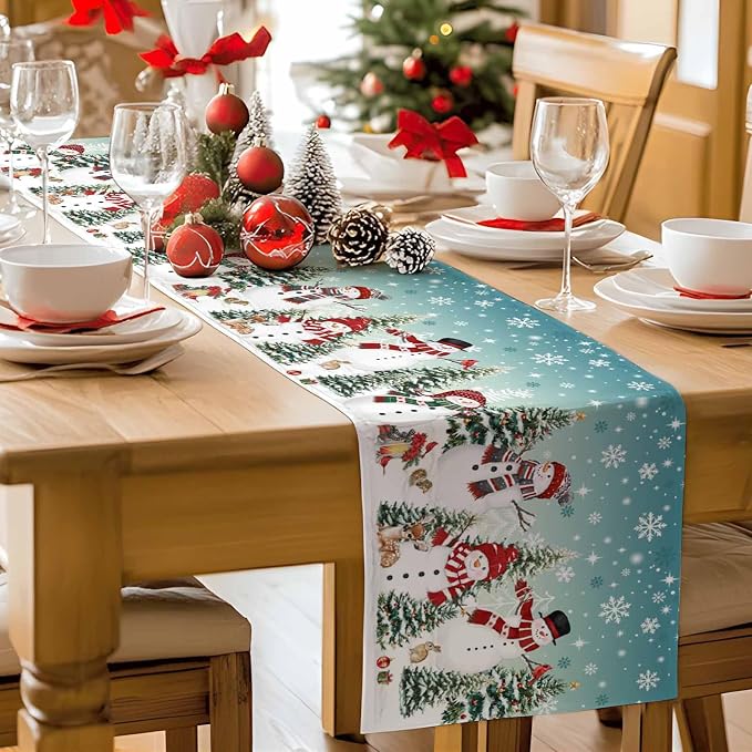 Teal Christmas Snowman Table Runner 90 Inches Long, Xmas Trees Snowflake Table - Image 9