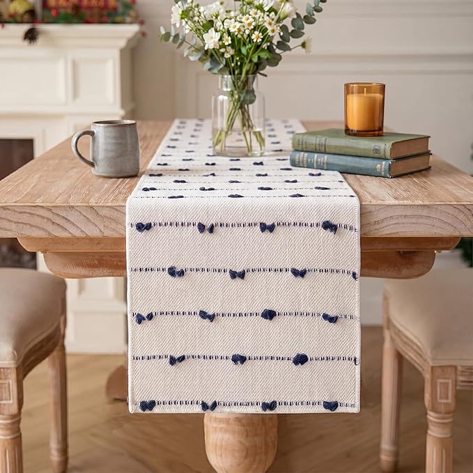 Artoid Mode Dark Blue Boho Farmhouse Cotton Woven Table Runner, Seasonal Summer by ArtoidMode