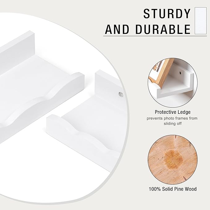 Fun Memories Picture Ledge Shelf for Wall, 16 inch Pine Wood Nursery Book Shelves Set of 4- Wall Book Shelves for Kids Room, Home Decor - Kitchen Spice-White