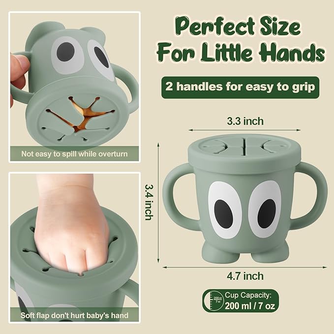 Silicone Snack Cups Food Container for Toddlers and Babies, Spill Proof Training Cup with Snack Cup Lid & Dust Proof Lid, Comes with a toy strap, Without BPA, Lead, or Phthalates (Ether & Sage)