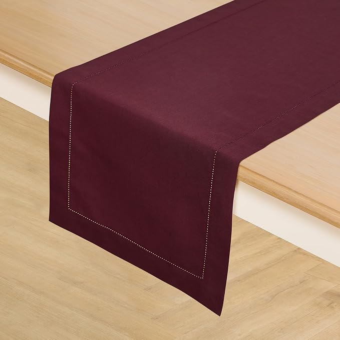 Solino Home Cotton Linen Table Runner Wine, Hemstitch Collection 14 x 60 in | - Image 2