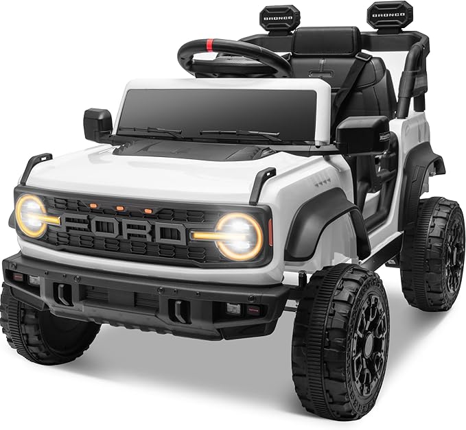 ENYOPRO Licensed Ford Bronco Raptor Electric Car for Kids, 12V Ride On Toys for Toddlers, Christmas Birthday Gifts Ride On Car for Kids Age 3-6 w/Remote Control, Bluetooth, LED Lights, 2 Speed (White)