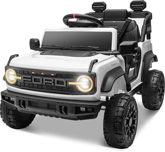 ENYOPRO Licensed Ford Bronco Raptor Electric Car for Kids, 12V Ride On Toys for Toddlers, Christmas Birthday Gifts Ride On Car for Kids Age 3-6 w/Remote Control, Bluetooth, LED Lights, 2 Speed (White)
