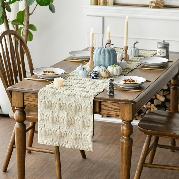 Artoid Mode Beige Soft Faux Fur Pumpkins Fall Table Runner 13x36 Inch | - Image 3