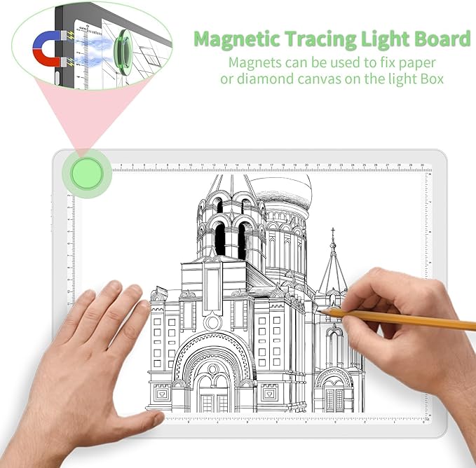 KOBAIBAN A4 Magnetic Light Pad with Bag, Rechargeable Diamond Art Light Board with Side Physical Buttons, 3 Color Light Modes Super Bright Light Table Light Box for Tracing, Drawing, Sketching (White)