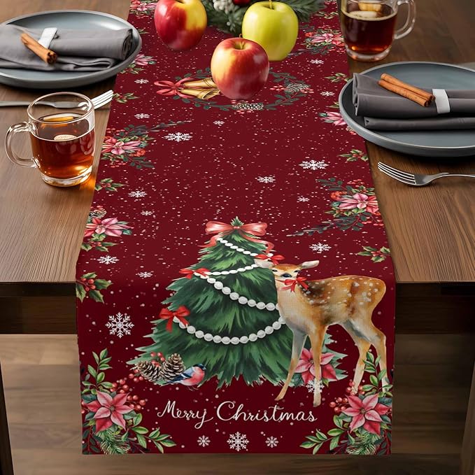 Christmas Reindeer Table Runners 120 Inches Long, Cotton Linen Fabric Red Table - Image 7