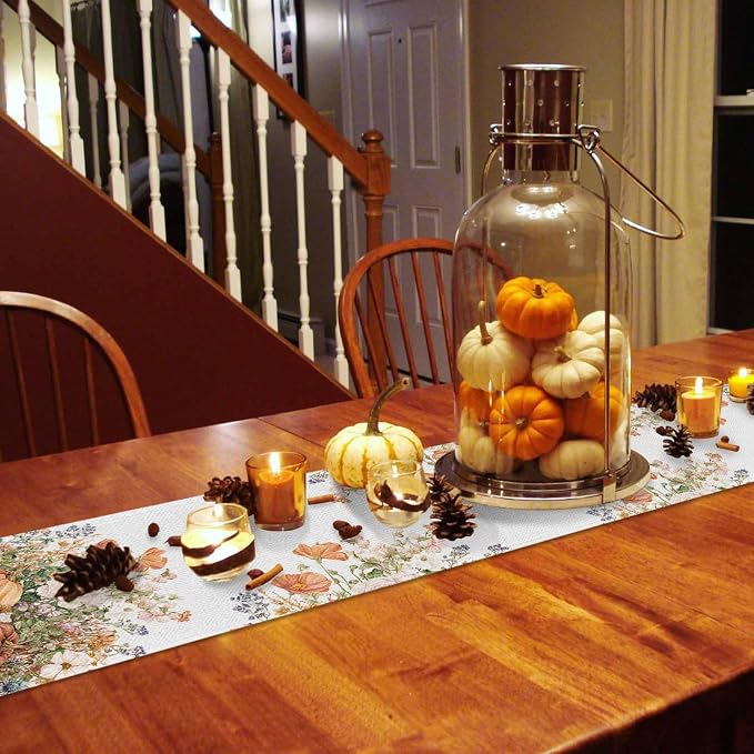 Fall Windflowers Pumpkin Short Table Runners 48 Inches, Cotton Linen Fabric - Image 4