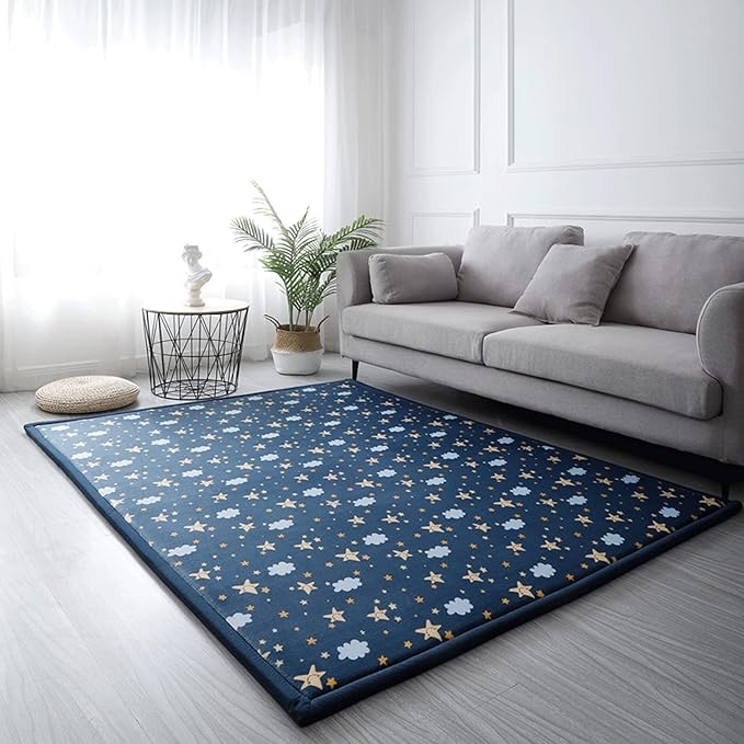 Loartee Coral Velvet Area Rug - 1" Thick Memory Foam Baby Play Mat, Washable Toddler Carpet, Home Decor for Living Room, Nursery, Kids Bedroom, Starry Blue, 4'11"x4'11"