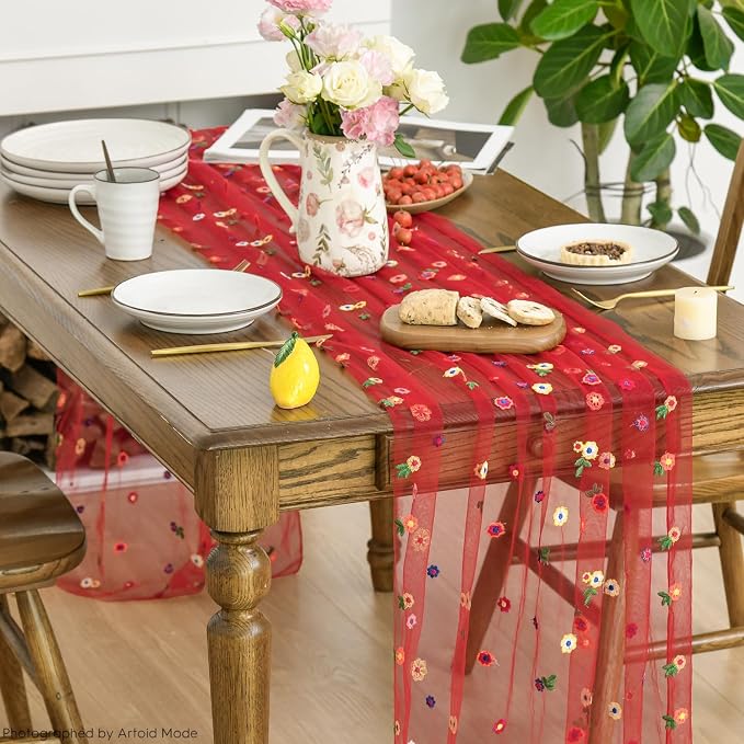 Artoid Mode Red Embroidery Daisy Gauze Table Runner 120 Inch 10FT | Seasonal - Image 3