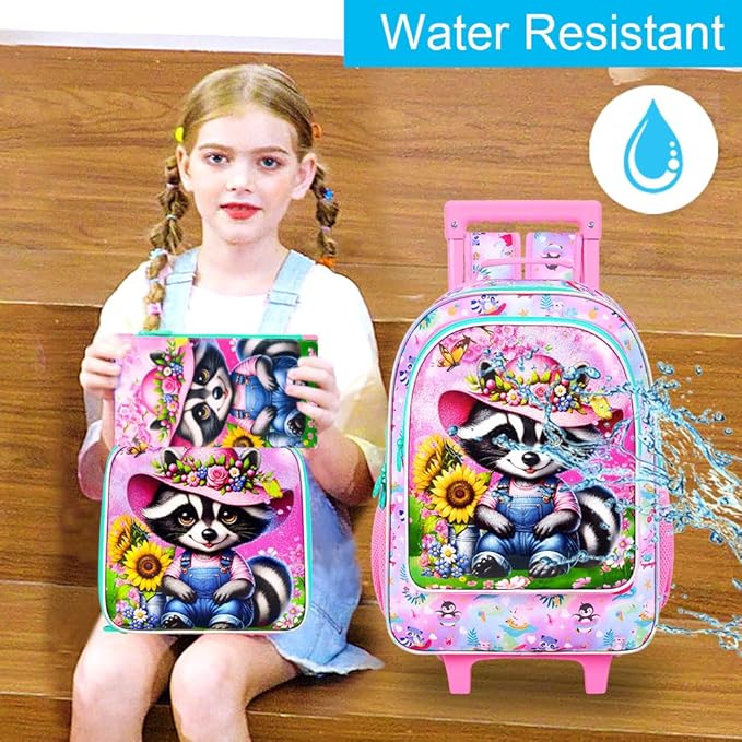 Girls Rolling Backpack, Cute Raccoon Roller Wheels Kids Bookbag - Wheeled Elementary School Bag - 3PCS Raccoon
