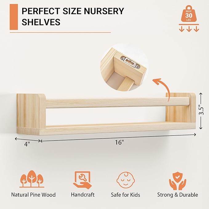 Heimlove Nursery Floating Shelves, Wood Nursery Book Shelves for Wall, 16 inch Wall Bookshelf for Kids Solid Wood Wall Mounted Shelves for Books,Toys and Decor Storage, Set of 3