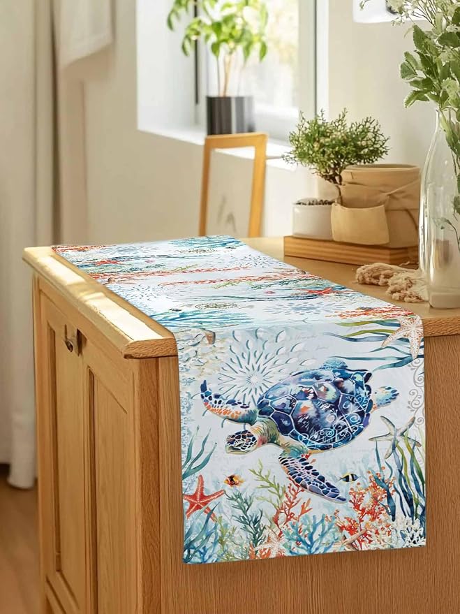 Sea Turtle Coastal Table Runners 48 Inches Long, Summer Beach Coral Table - Image 7