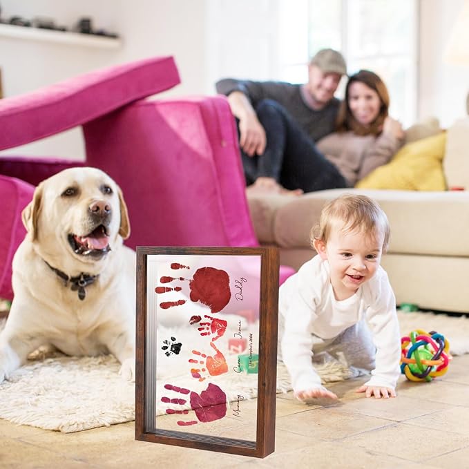 Family Handprint Kit,DIY Colorful Craft Keepsake Art Baby Newborn Hand and Footprint Wooden Frame for Home Decor New Mother Gifts Set(5 Sheets with 8 Colors) (Black)