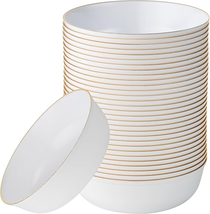Edge Collection White with Gold Rim Plastic Party Soup Bowls Premium by PLASTICPRO
