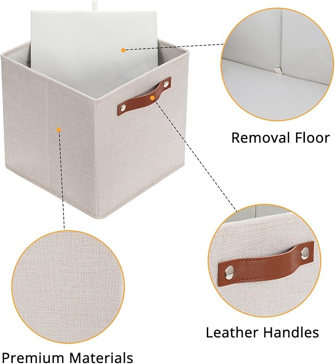 HNZIGE Fabric Storage Cubes Set of 4,12 x 12 Storage Baskets,Cloth Storage Bins for Organizing with Handles,Closet Baskets for Organizing Home Nursery(Gream)