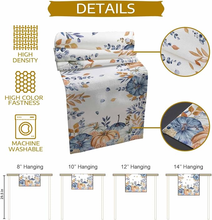 Blue Pumpkin Fall Table Runner 90 Inches Long, Thanksgiving Floral Eucalyptus - Image 8
