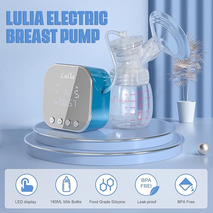 Double Electric Breast Pump Strong Suction, Portable Breast Pump Electric Breastfeeding Pump, Rechargeable Milk Pump with 4 Modes & 9 Levels, Low Noise, Anti-Backflow & LED Display, 24mm Flange, Blue