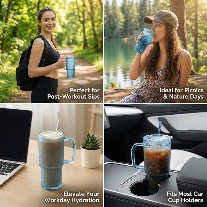 20 oz Blue Glass Tumbler with Lid and Straw, Glass Iced Coffee Cups, - Image 6